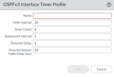 Screenshot of OSPFv3 Interface Timer Profile configuration window.