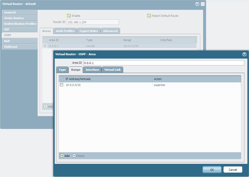 Screenshot navigating to OSPF Areas tab.