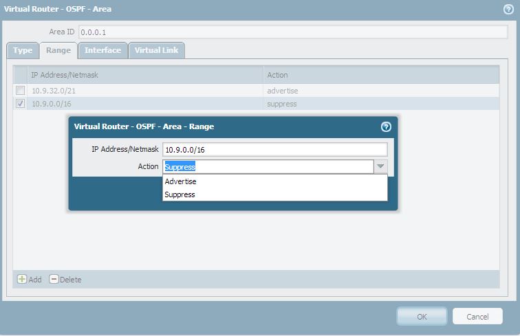 Screenshot showing the OSPF Area Range configuration for suppressing routes.