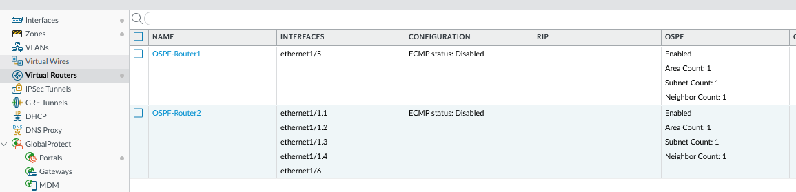 Initial Virtual Router configuration.