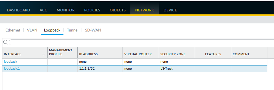 Screenshot configuring a loopback interface.