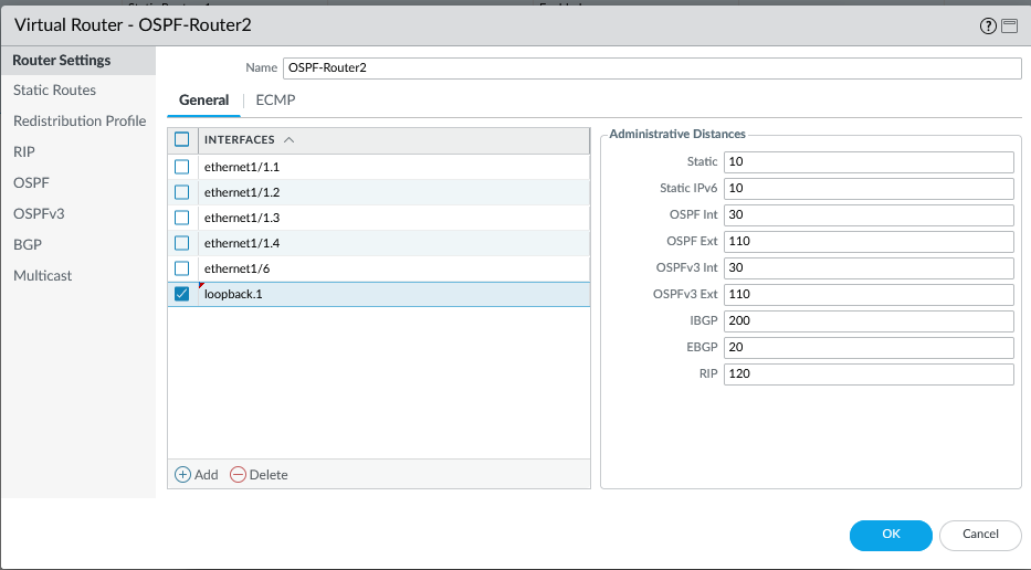 Screenshot adding loopback to the Virtual Router.