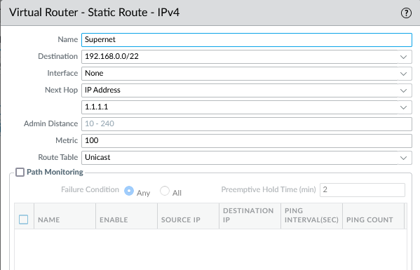 Screenshot creating the static summary route pointing to the loopback.