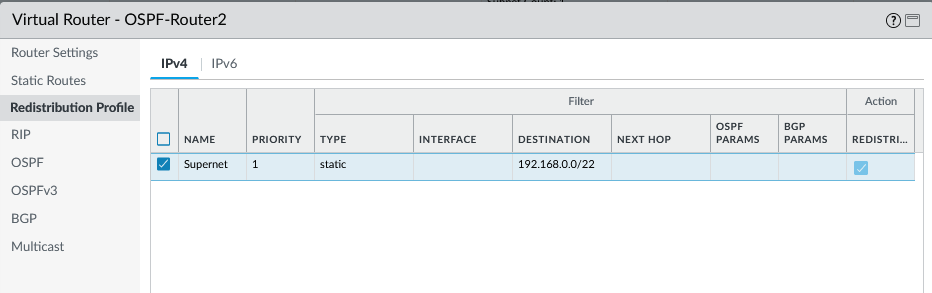 Screenshot modifying the redistribution profile to match only the static summary route.