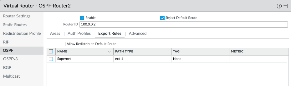 Screenshot verifying the OSPF Export Rule uses the modified profile.