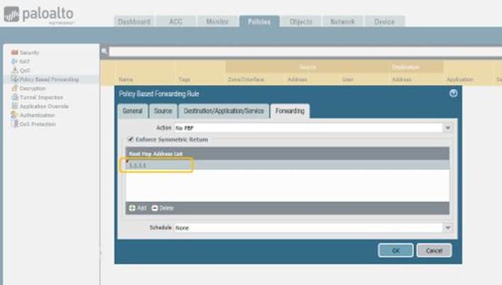 PBF Forwarding Tab showing Next Hop Address List