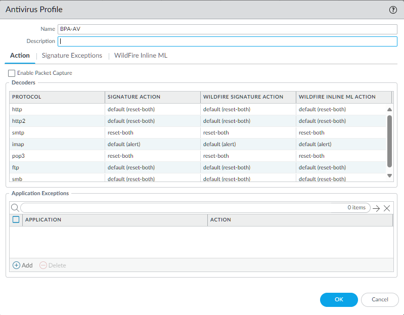 Antivirus Profile configuration screen showing BPA settings