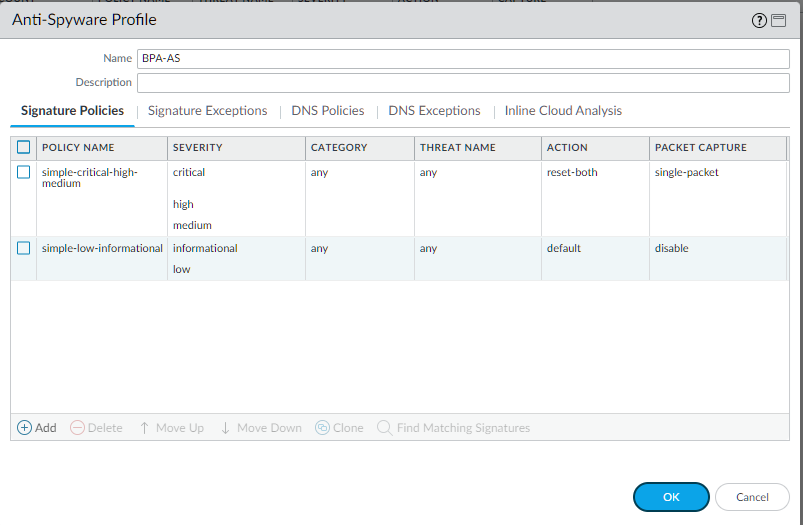 Anti-Spyware Profile configuration screen showing BPA settings