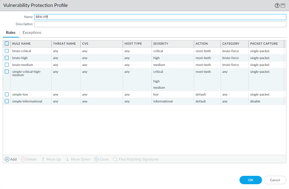 Vulnerability Protection Profile configuration screen showing BPA settings