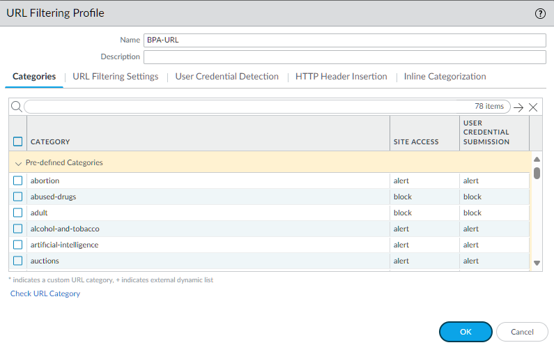 URL Filtering Profile configuration screen showing Categories tab