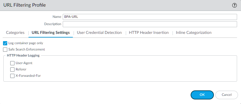 URL Filtering Profile configuration screen scrolled down