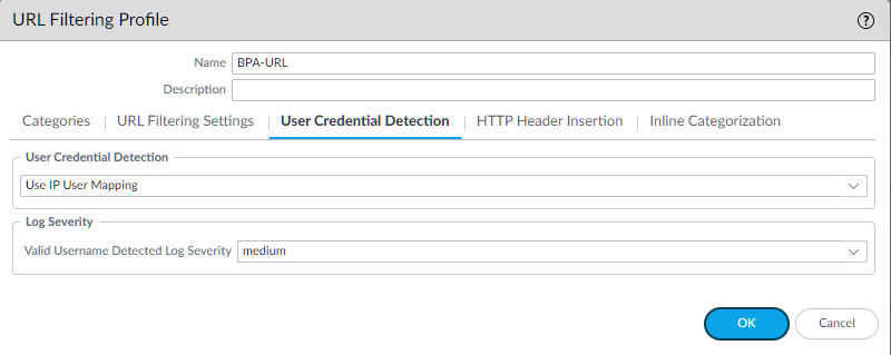URL Filtering Profile configuration screen scrolled further down
