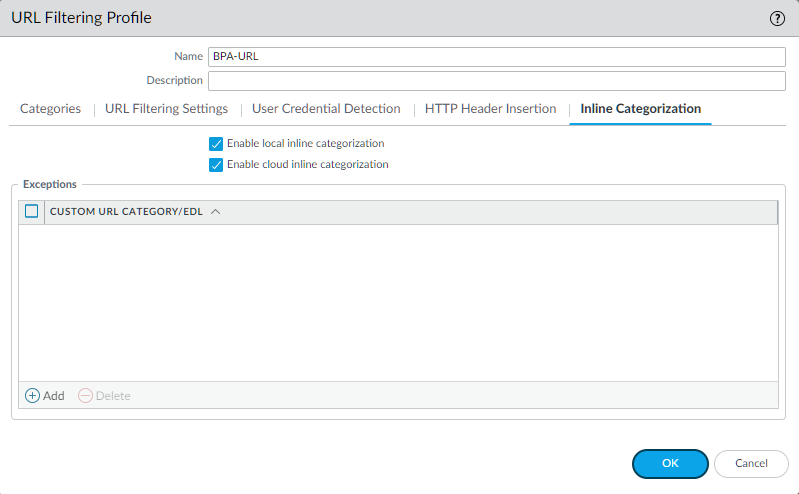 URL Filtering Profile configuration screen - Settings Tab