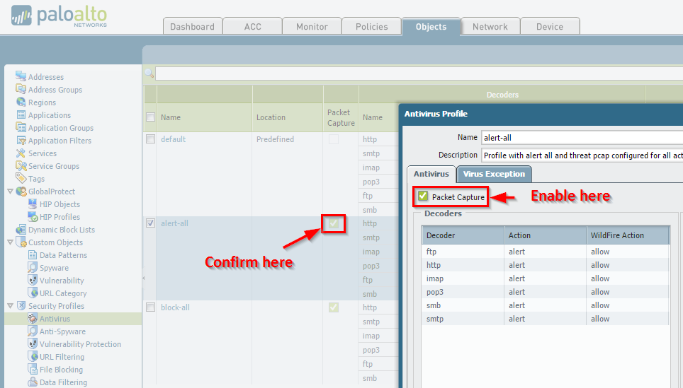 Antivirus Profile Packet Capture checkbox
