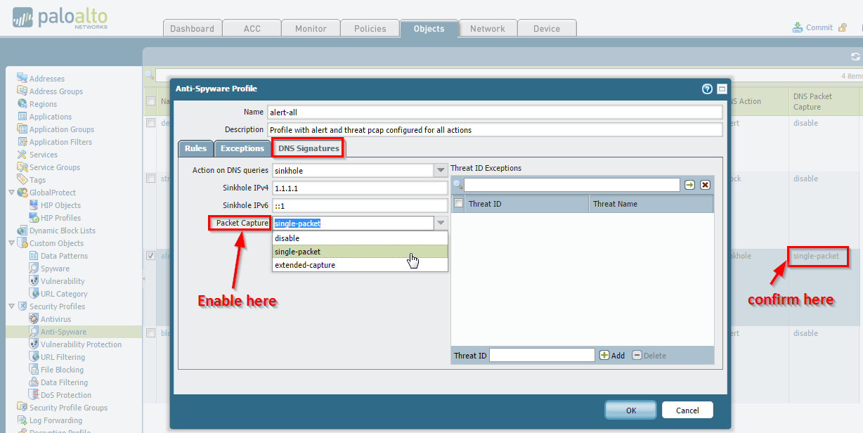Anti-Spyware Profile Packet Capture options