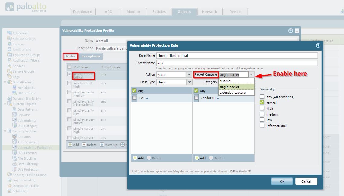 Vulnerability Protection Profile Packet Capture options in Rule Exception