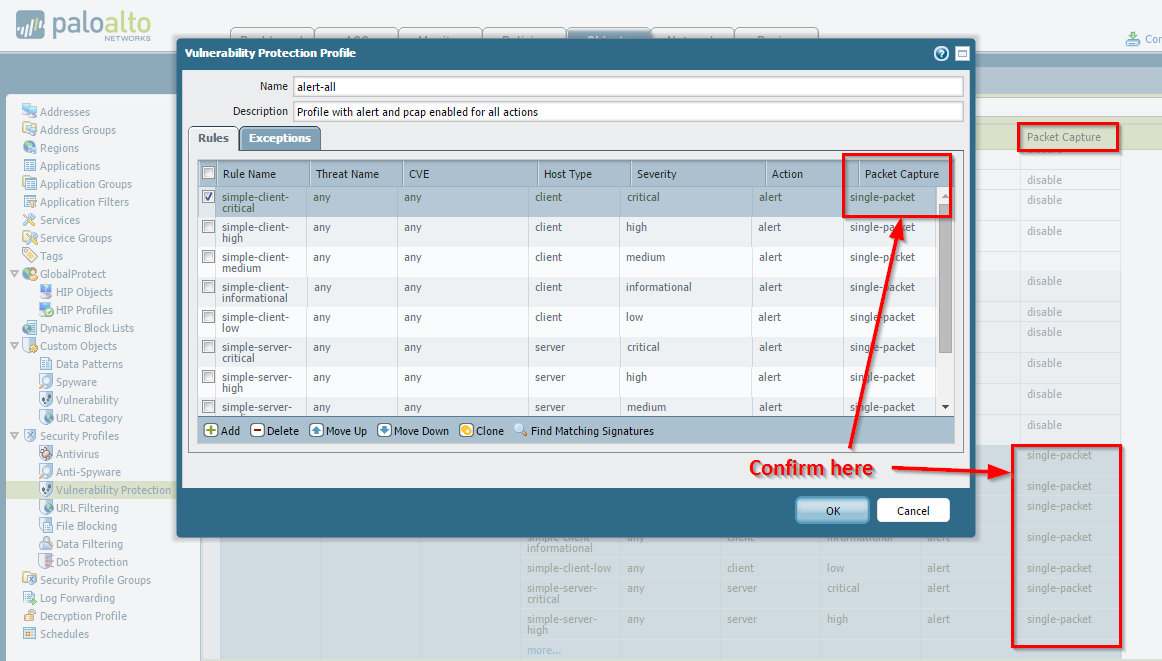 Vulnerability Protection Profile Packet Capture options detail