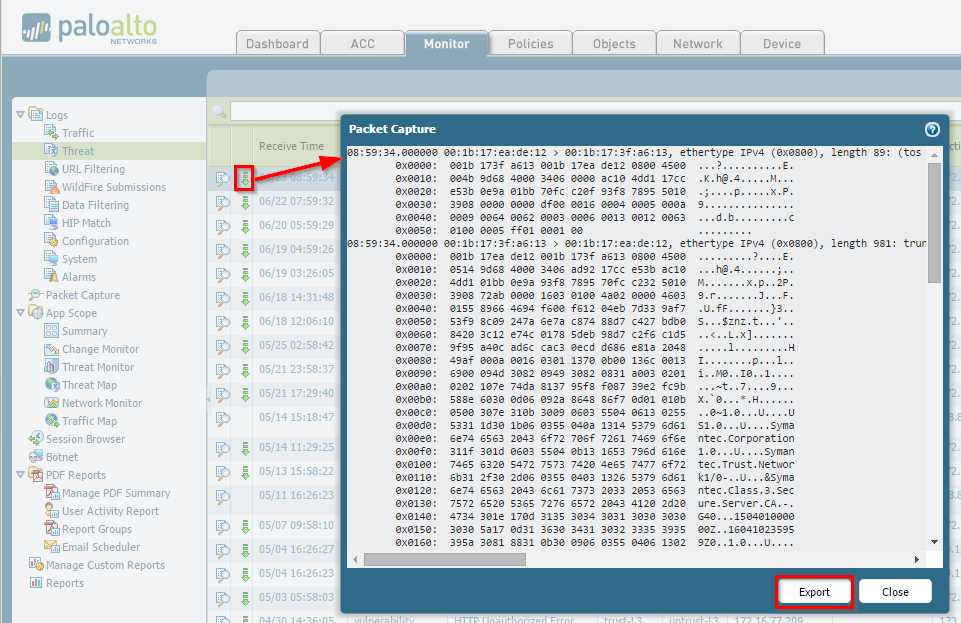 Threat Log showing Packet Capture icon