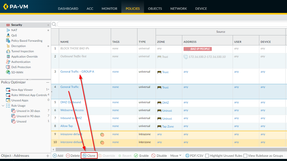Cloning the Security Policy rule