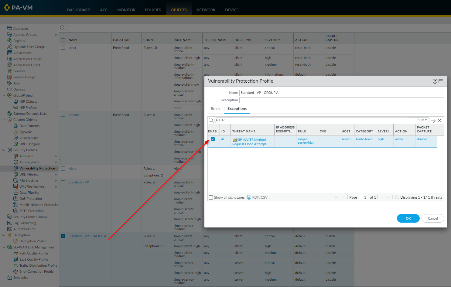 Adding the threat exception to the cloned profile