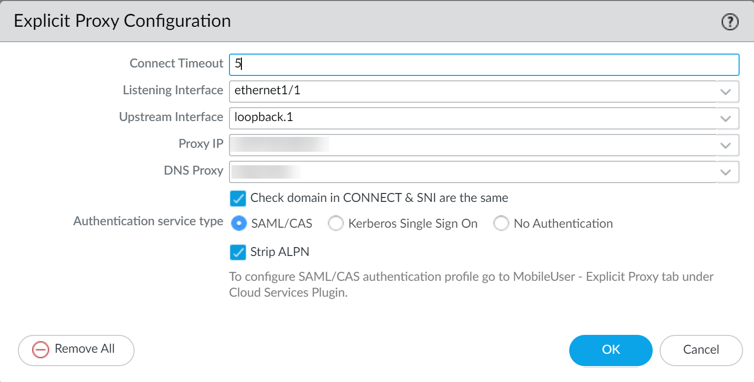 Explicit Proxy Configuration dialog box
