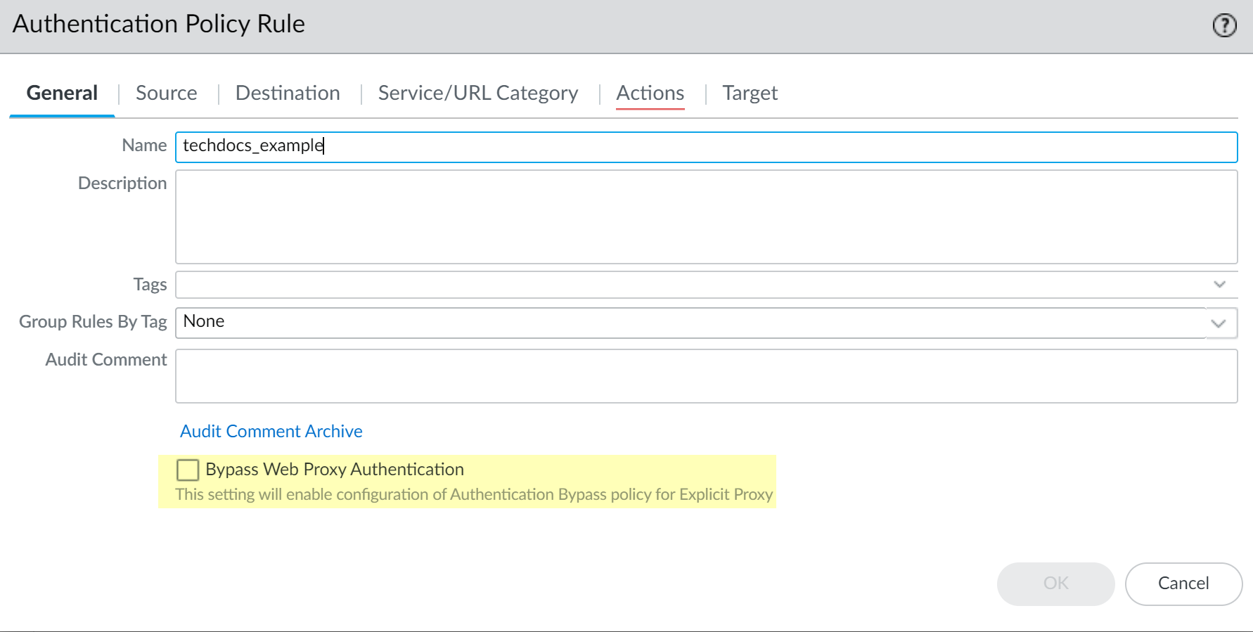 Authentication Policy Rule Actions Tab showing Authentication Enforcement set to None when Bypass is checked