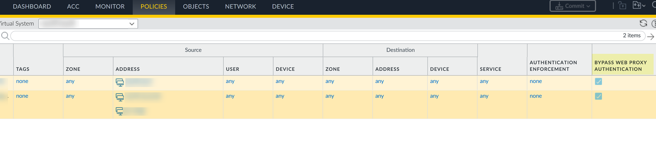 Authentication Policy list view showing checkmark in Bypass column
