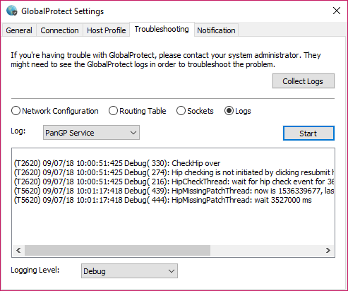 GlobalProtect Troubleshooting Log View