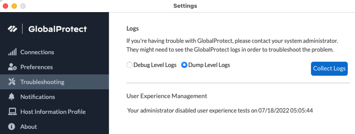 GlobalProtect Collect Logs Option