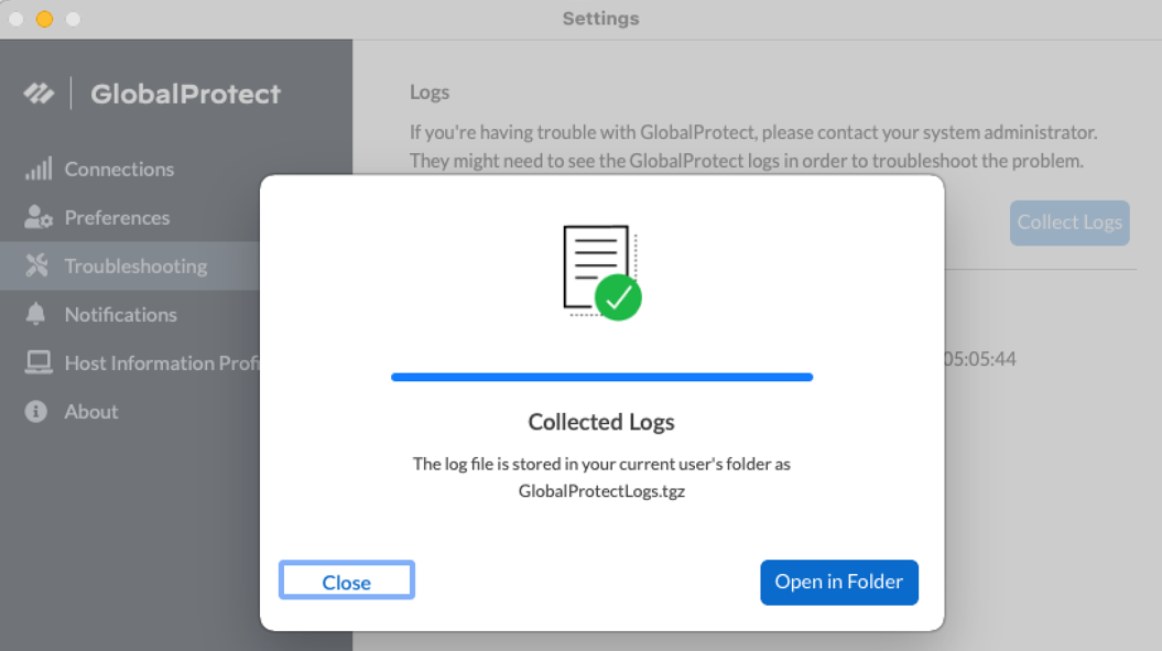 GlobalProtect Log Collection confirmation