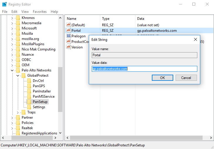 Windows Registry Editor showing PanSetup key