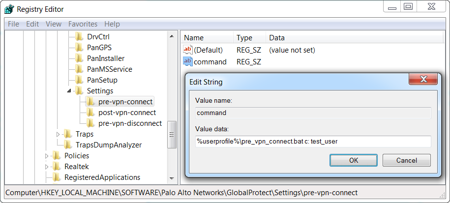 Windows Registry Editor showing script command value