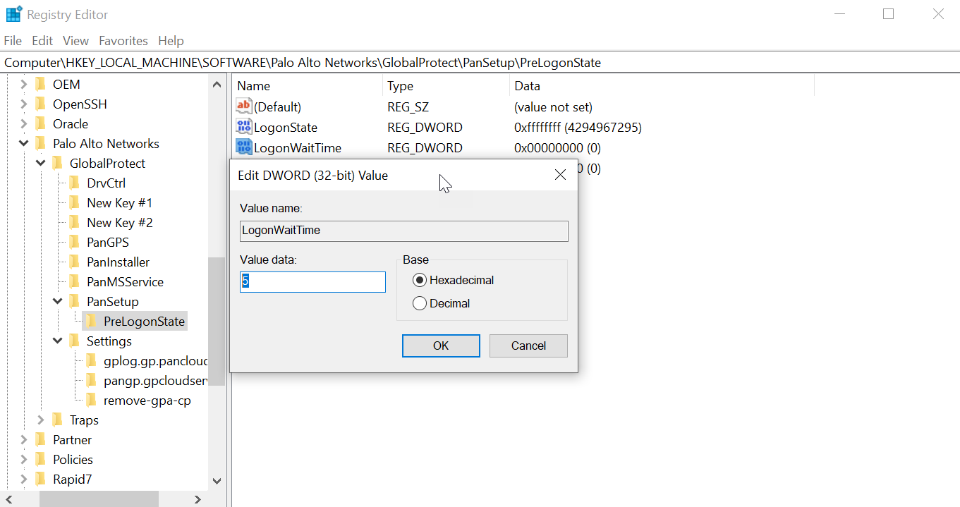 Windows Registry Editor showing LogonWaitTime setting