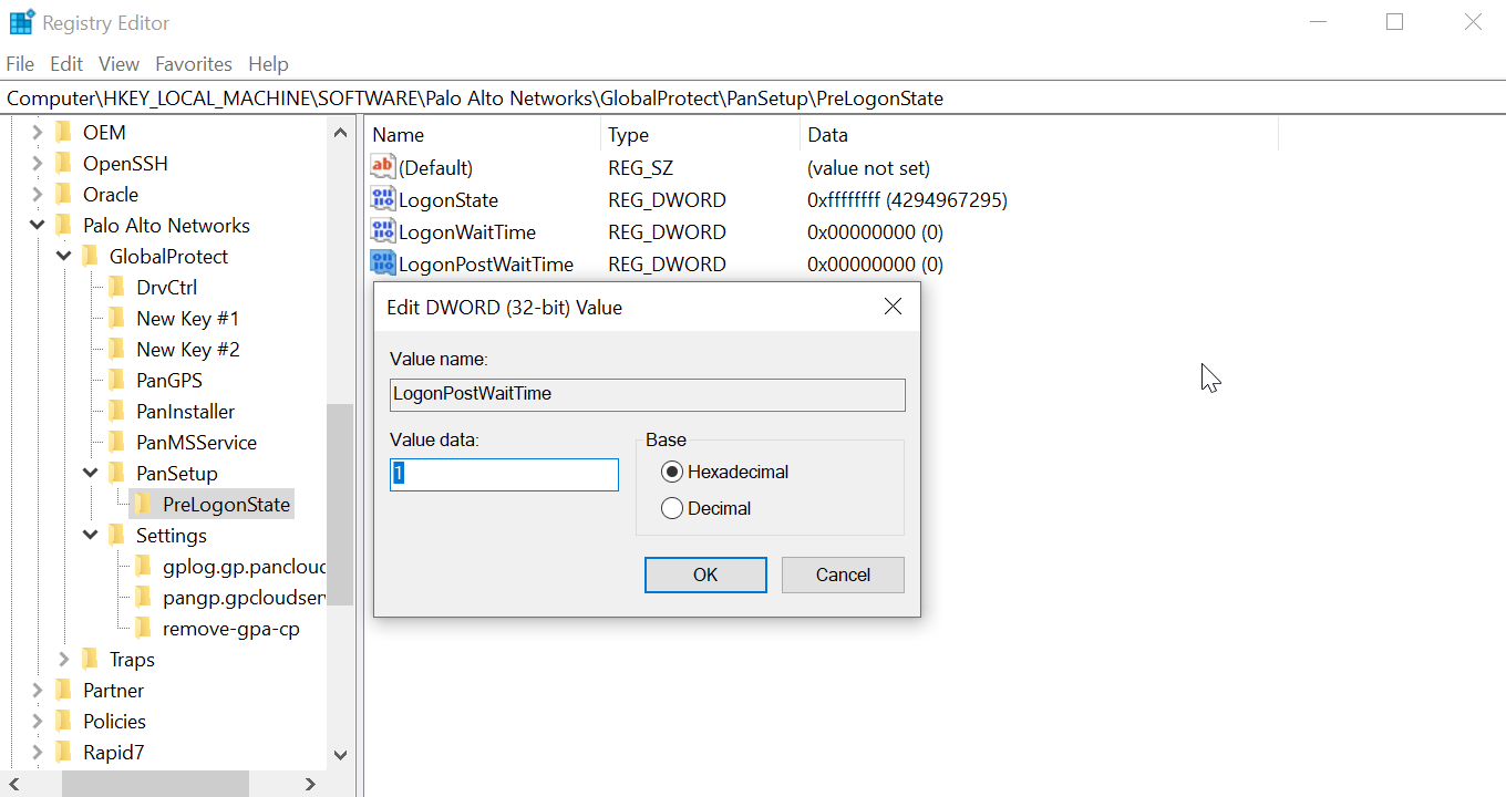 Windows Registry Editor showing LogonPostWaitTime setting