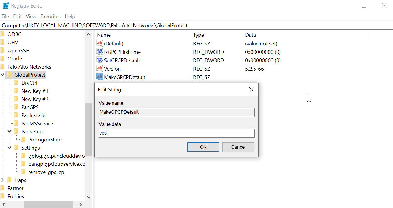 Windows Registry Editor showing MakeGPCPDefault setting