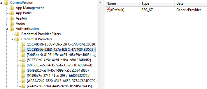Windows Registry Editor showing Credential Providers with GUIDs