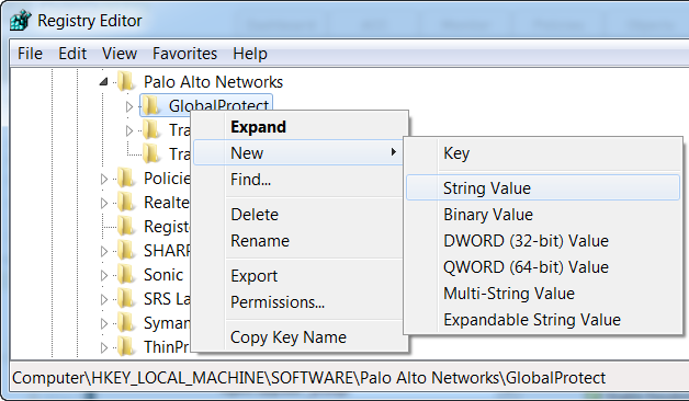 Windows Registry Editor showing New String Value option