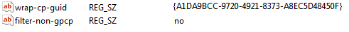 Windows Registry Editor showing filter-non-gpcp value set to 'no'