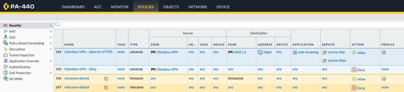 Screenshot showing an explicit security policy rule to block unallowed traffic from the Clientless VPN zone