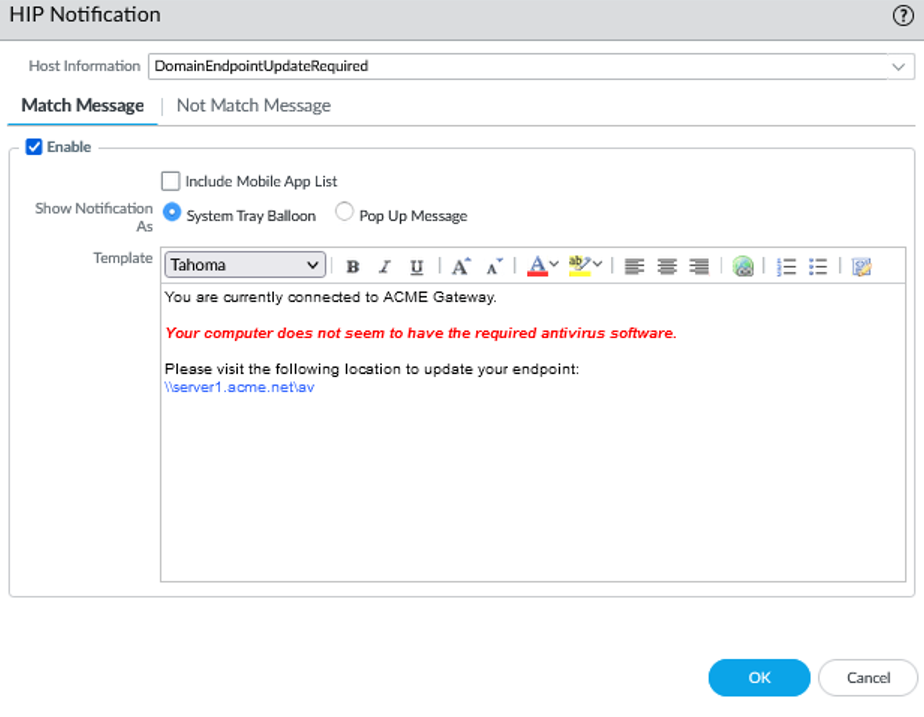 Configure HIP Notification Message