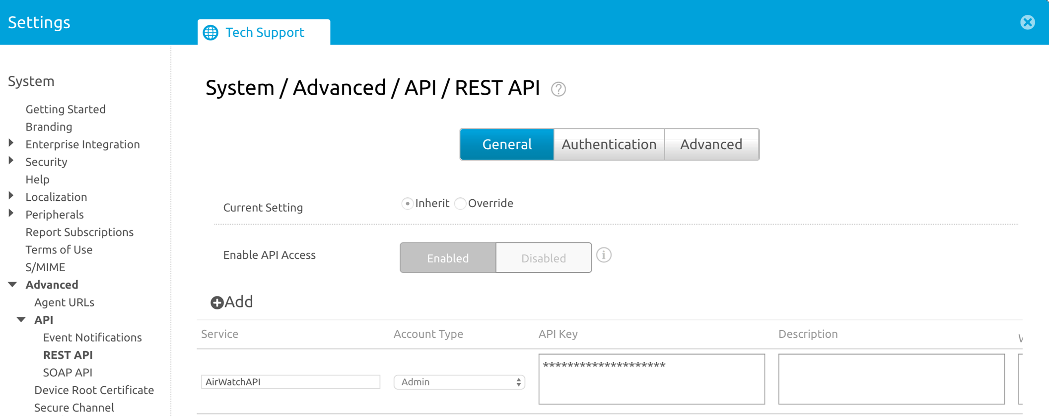 Workspace ONE API Key Location