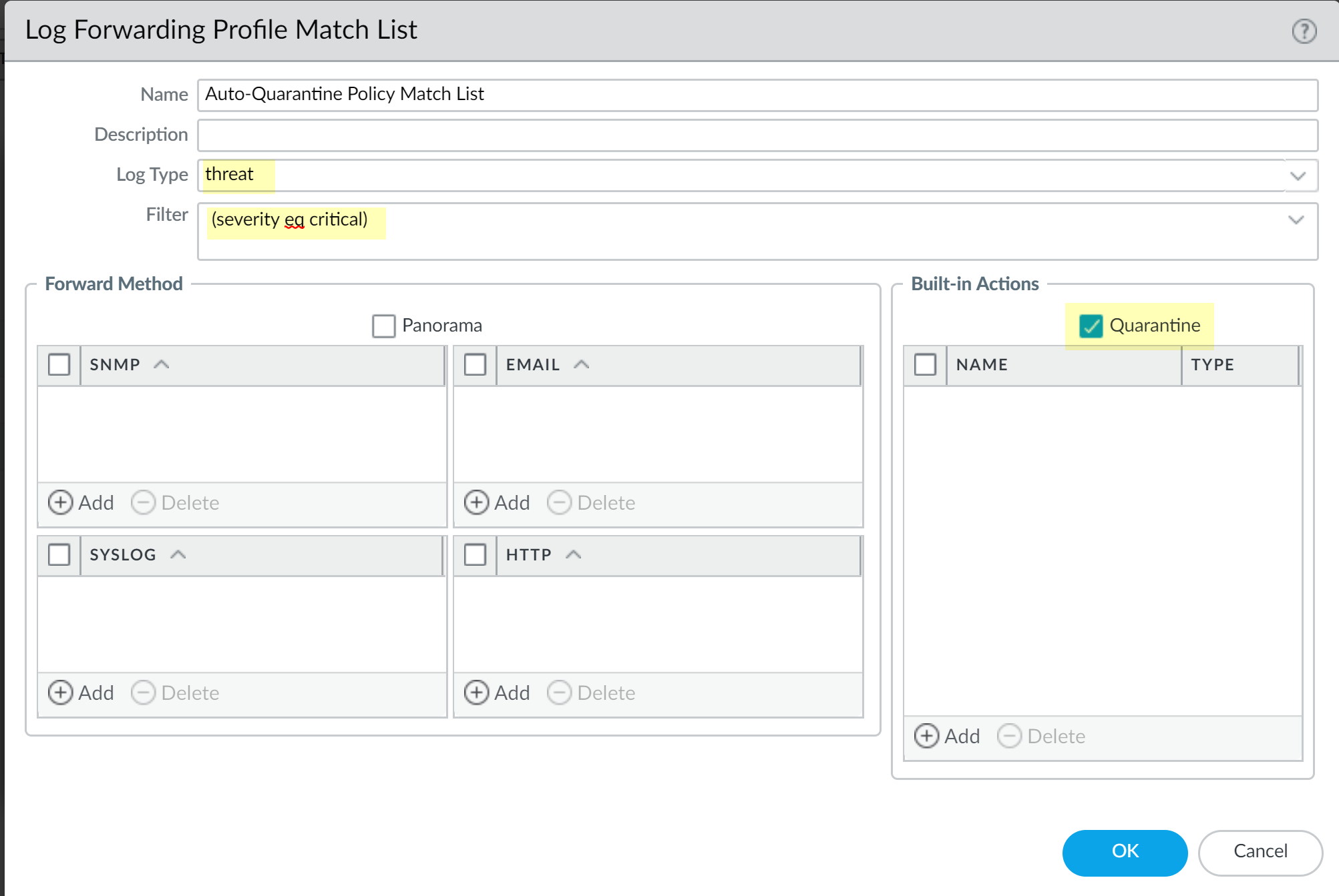 Log Forwarding Match List Configuration Example