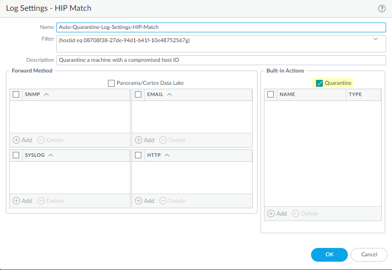 HIP Match Log Setting with Quarantine
