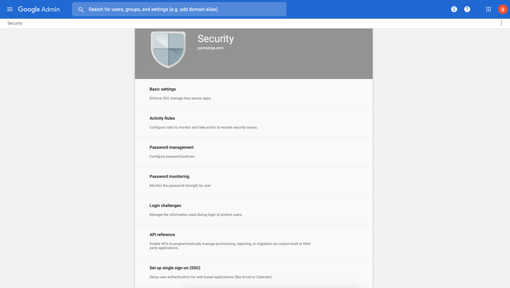 Google Admin Console Security Page