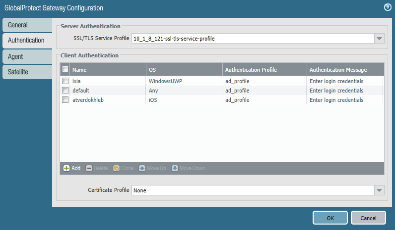 GlobalProtect Gateway Authentication Tab