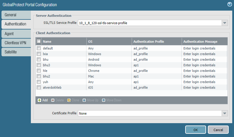GlobalProtect Portal Authentication Tab
