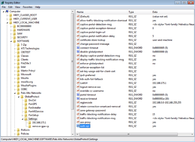 Windows Registry Editor showing auth-api setting