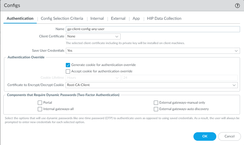 Portal Authentication Override Configuration