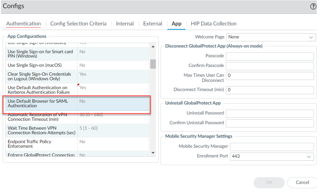 GlobalProtect App Configuration - Embedded Browser Setting