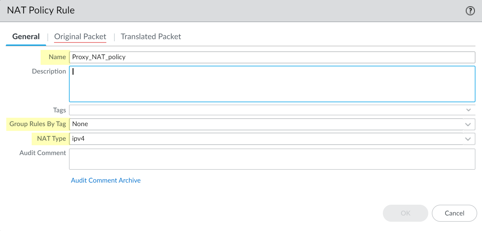 NAT Policy Rule General Tab